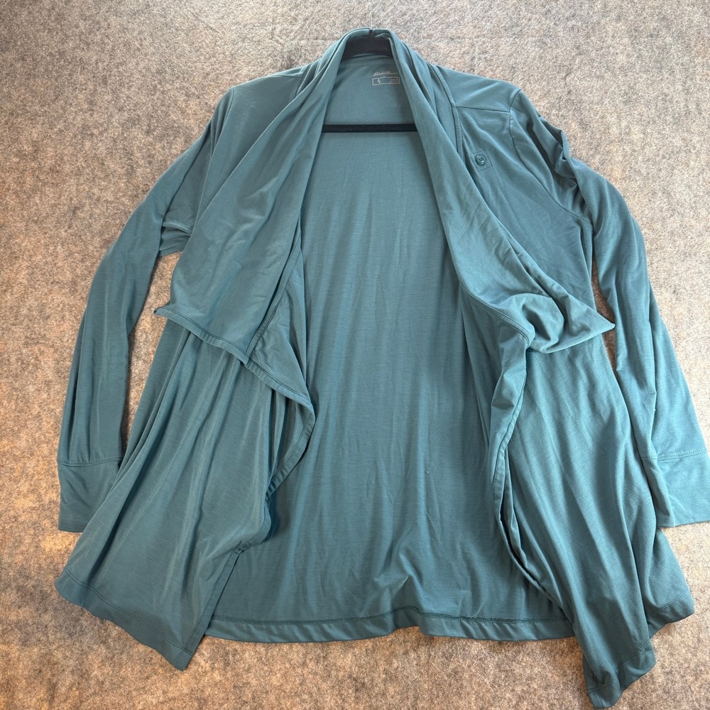 Eddie Bauer Cardigan Women L Teal Open Front Wrap Drape Neck Button Detail